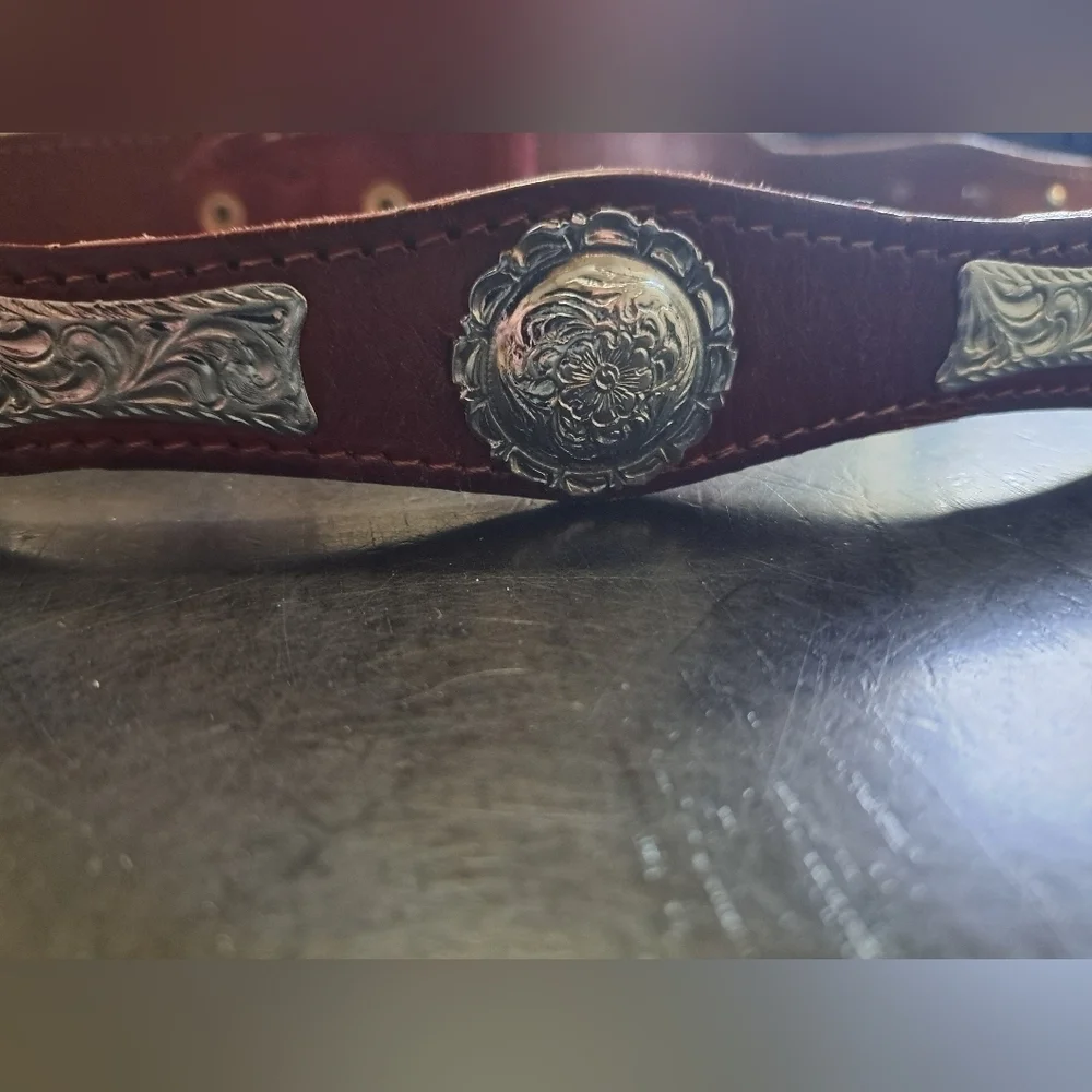 Unisex Belt Brown With Stamped Silver Embellishments  Size 38